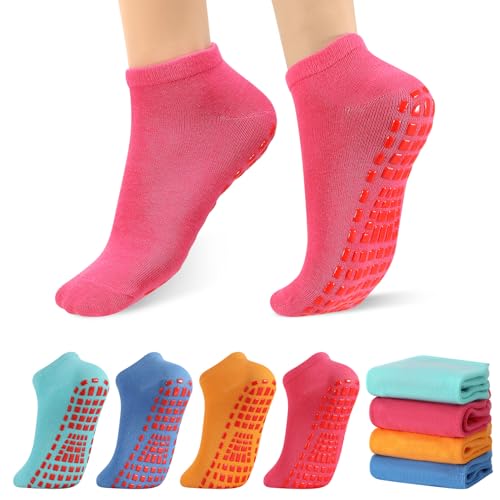 Non-Slip Yoga & Pilates Socks for Women - 4 Pairs, Blue & Red/Orange