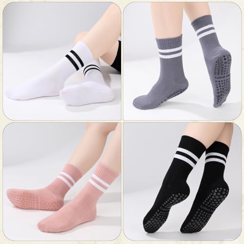 Striped Pilates Grip Socks for Women - 4 Pairs - White, Black, Pink, Gray