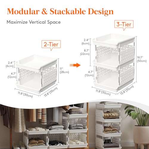 Lifewit Plastic Stackable Storage Baskets, 3 Tier Stacking Bins 13.8"D x 11.8"W x 21.3"H, Large Capacity Multi-Functional Containers Shelves for Pantry, Playroom, Kitchen and Bedroom, 1 Pack, White
