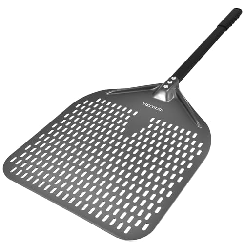 VIKCOLEE Perforated Pizza Peel 14 x 16 Inch Rectangular Baking Turnover Tool, 34 Inch Overall with Insulated Handle