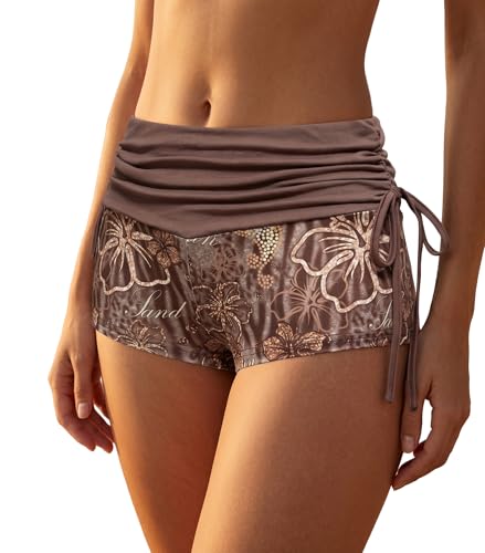 High Waisted Swim Skirt with Ruffle Hem - Brown Printed, Large