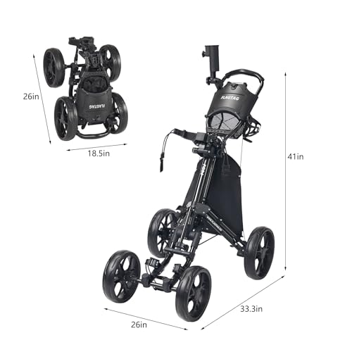 Golf Push Cart 4-Wheel Folding Trolley with Cup Holder & Cooler Bag - Black