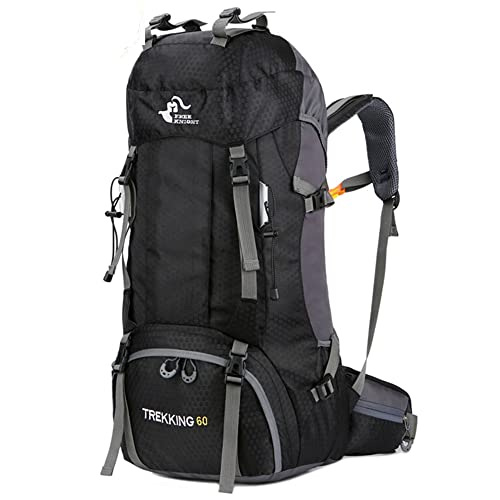 Bseash 60L Waterproof Hiking Backpack with Rain Cover – Black Large Daypack for Camping