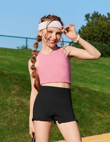 High Waisted Girls Athletic Shorts - Black, 7-8 Years