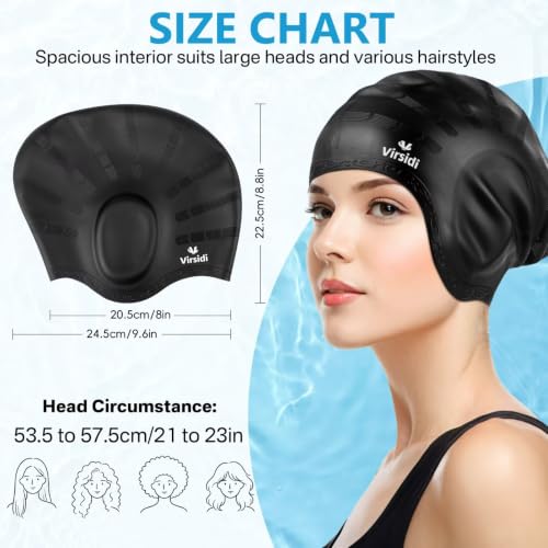 Silicone Swim Cap for Long Hair with Ear Protection - Black