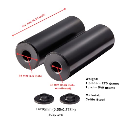 Black BMX Pegs for Grinding - Co-Mo Steel, 110mm Length, 38mm Diameter, 14mm Axle Hole with 3/8" Adapter