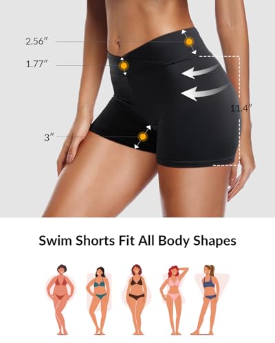 Yonique Women's V Cross Swim Shorts with Tummy Control - Plus Size Black, Medium
