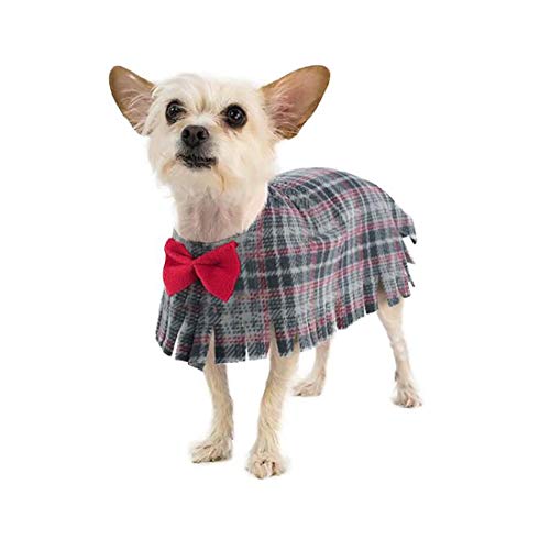 Fleece Dog Poncho - Grey Plaid with Bow, Small