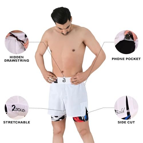 2BOLD MMA Shorts Men’s 2 in 1 Jiu-Jitsu Built-in Compression Lining Small White