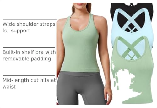 Evercute X-Large 3 Pack Women's Workout Yoga Crop Tops Seamless Strappy with Built-in Bra - Black, Icing-Blue, Sage-Green