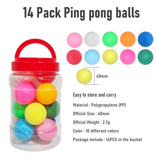 Colorful Ping Pong Balls in Bucket - 14 Pack - 12 PP & 2 ABS Balls