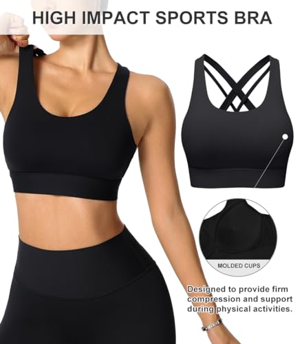 BYAWAY High Impact Sports Bra for Women - Criss-Cross Back, Molded Cups, Medium Black