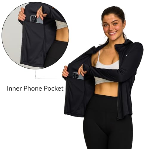 Women's Sun Hoodie Jacket - SPF 50+ Protection, Zip-Front, Medium/Black