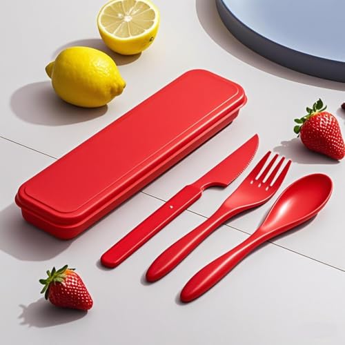 Wheat Straw Portable Cutlery Set - Spoon, Fork & Knife - Red