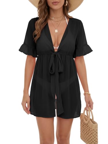 Women's V Neck Tie Knot Front Ruffle Sleeve Beach Coverup - Small/Black