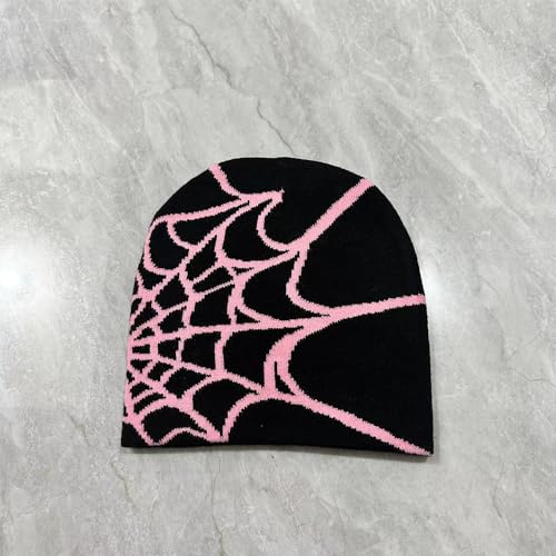 Spider Web Pattern Beanie - Black & Pink Acrylic Knit Hat