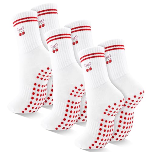 Non-Slip Pilates Yoga Socks for Women with Grips - Red Cherry