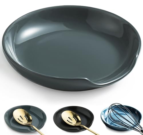 5-Inch Ceramic Spoon Rest for Stove Top - Gray Kitchen Utensil Holder