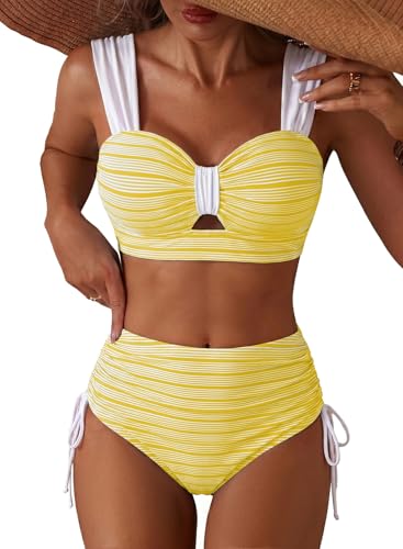 Herseas Women High Waisted Bikini Set Textured Cutout Tie Side Bathing Suit - Yellow, Large