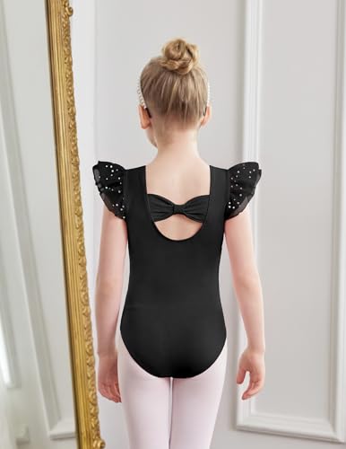 Ballet Leotard for Girls - Bow Back Chiffon Ruffle Sleeve - 4-5T Black