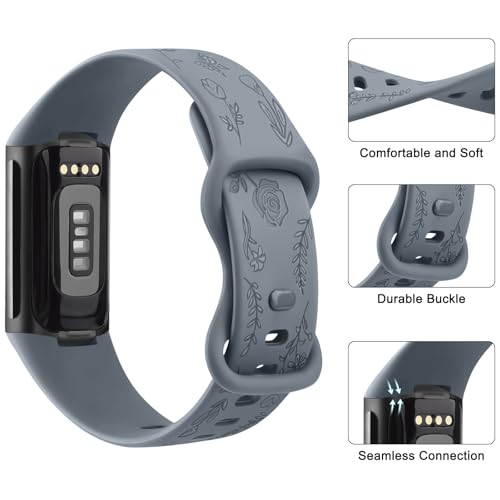 Floral Engraved Fitness Tracker Band for Charge 6/5 - Blue Gray