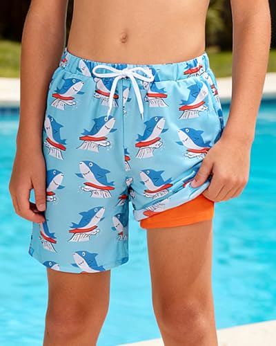 Boys Swim Trunks with Compression Liner - Shark, 11-12 Years