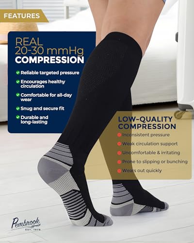 Large Black Pembrook 3 Pairs Compression Socks 20-30 mmHg for Running, Travel, Nurses