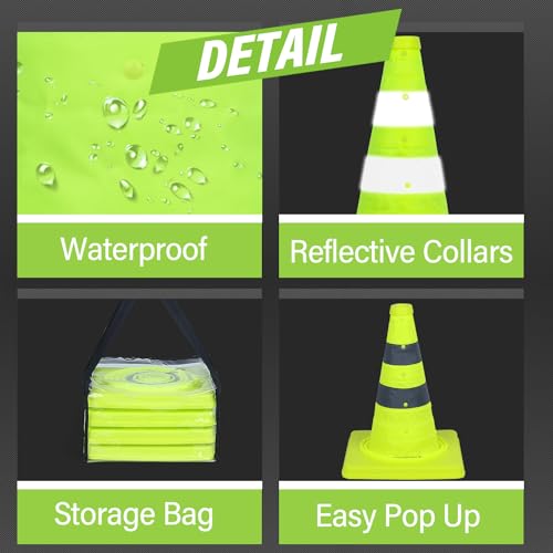 RoadHero 18 Inch 4 Pack Collapsible Traffic Safety Cones, Lime Green Pop-up Cones with Reflective Collar for Road Safety, Driving Training, Parking Lots
