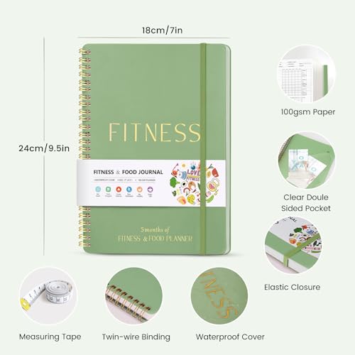 Dapsang Green Fitness Journal for Women & Men, Undated Workout & Nutrition Planner with Measuring Tape, 9.5x7 inches