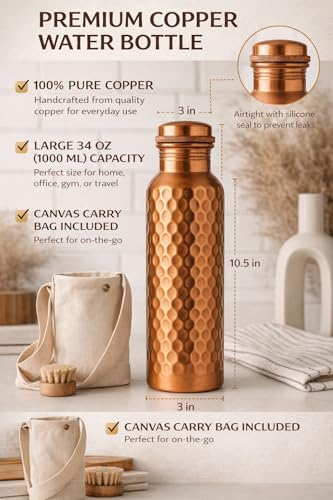 SYTH Hammered Copper Water Bottle 34 OZ with Canvas Bag - Handcrafted Ayurvedic Leakproof Drinkware