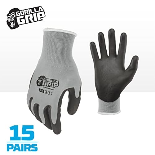 Gorilla Grip Work Gloves, Never Slip Maximum Grip All-Purpose, Gloves for Men, Superior in Wet, Dry, Oily Conditions, Polymer Palm, Small Size, 15 Pairs, Grey| 25945-25