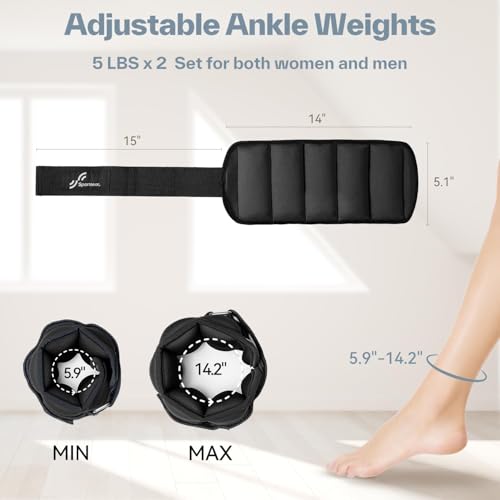 Sportneer Adjustable Ankle Weights 5 lbs Pair - Removable Weights for Fitness & Rehab
