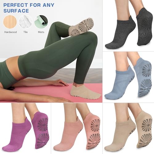 Non-Slip Pilates Socks with Grips for Yoga - 5 Pairs Dark Grey/Blue/Purple/Pink/Beige
