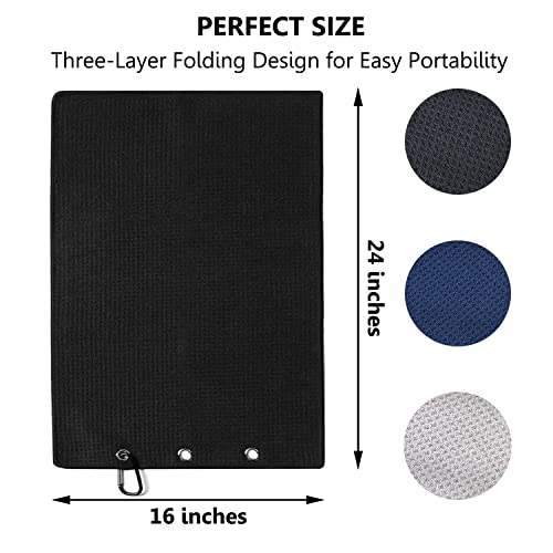 Large Microfiber Golf Towels - 3 Pack, 16" x 24" - Black, Grey, Navy Blue