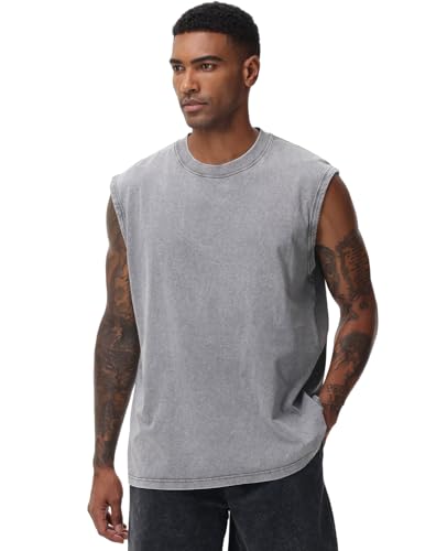 Men's Sleeveless Workout Tank Top - Acid Wash Loose Fit Tee