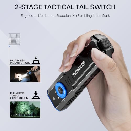 TUOWEE Black Large Rechargeable 1000 Lumens Tactical EDC Flashlight with UV, Digital Display