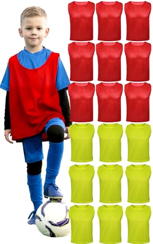 Kids Youth Breathable Mesh Soccer Pinnies & Vests - Red & Neon Yellow, Ages 5-10, 18 Pack