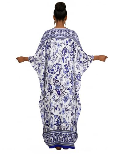Blue Print Kaftan Dress for Women Floral Plus Size Cover Up - MooMoo