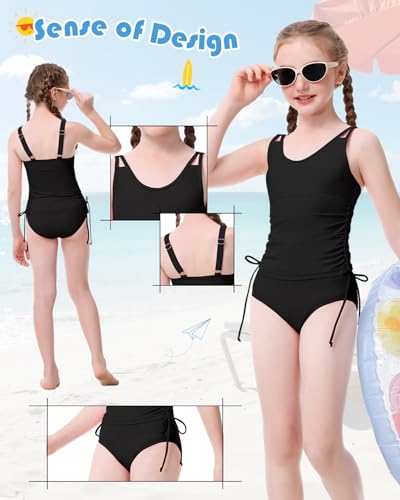 Girls Tankini Swimsuit Set - UPF 50+ Floral Print - Ink Jet Black, 14-15 Years