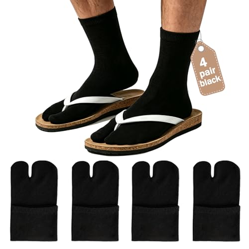 Unisex Tabi Split-Toe Flip Flop Socks - Black, 4 Pairs