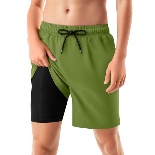 Boys Swim Trunks with Compression Liner - Grass Green, 13-14 Years