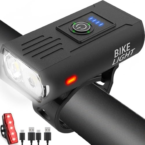 Super Bright USB Rechargeable Bike Light Set - Black, 6+4 Modes