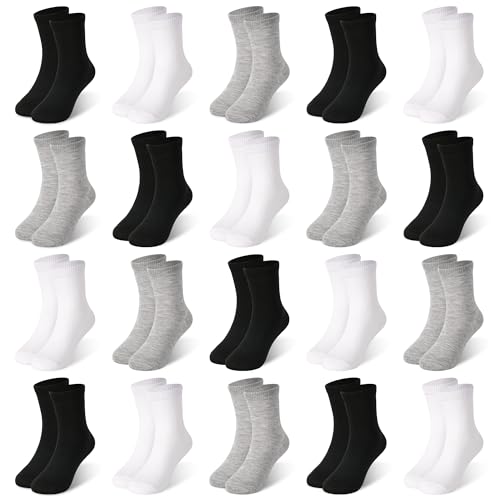 Toddler Crew Socks - 20 Pairs for Ages 4-7, Black/White/Gray