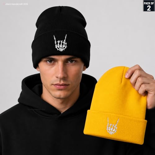 Halloween Skull Beanie Pack of 2 - Black & Yellow Goth Style