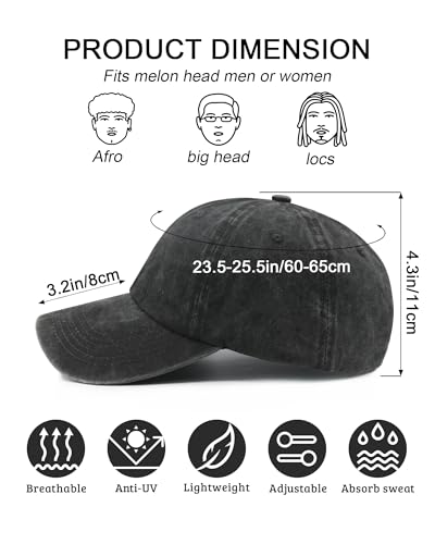 Wodeal XL Adjustable Washed Cotton Baseball Cap for Men Big Heads - Black