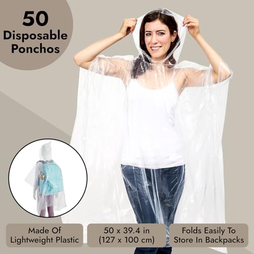 Juvale Disposable Rain Ponchos for Adults - 50 Pack, 50 x 40 in, Rainbow & Clear - Hooded Waterproof Ponchos for Women & Men - Festival & Theme Park Essentials - Packable Travel Rain Poncho