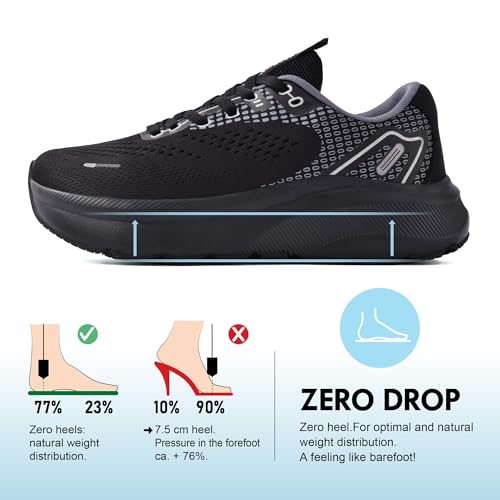 JACKSHIBO Wide Toe Box Women’s Sneakers with Arch Support, Zero Drop, Black, Size 8.5 Wide