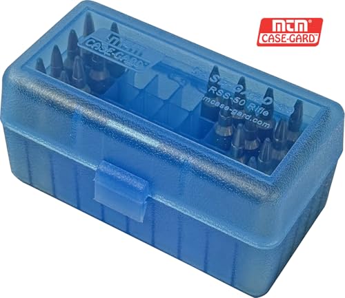 50 Round Rifle Ammo Box - Clear Blue, USA Made Storage Case