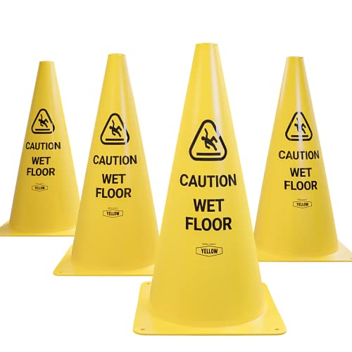 Yellow Safety¢ç Commercial 15 Inch "Caution Wet Floor" Sign Cone, 4 ct., Easy to Use and Store