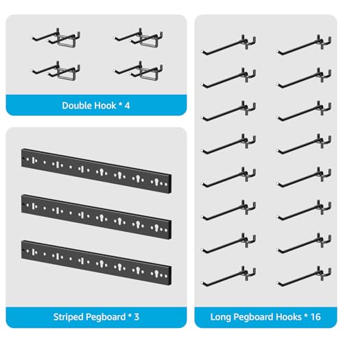CCCEI 3 Modular Pegboard Strip Storage, Metal Peg Slat Wall Mount for Garage, Basement, Garden, Laundry Room Organization. Flexible Tool Organizer for Rake, Shovels, Crafting. Gifts for Men, Black.
